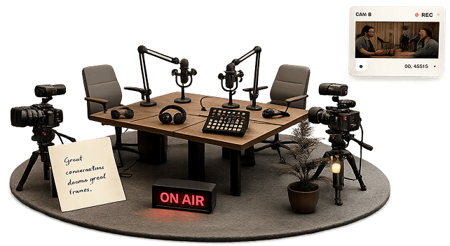 Podcast recording studio setup with cameras, microphones and an ON AIR sign